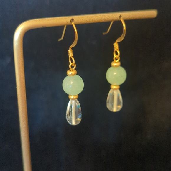 Handmade Adventurine & Glass French Wire Gold Tone Dangle Earrings - Picture 1 of 4